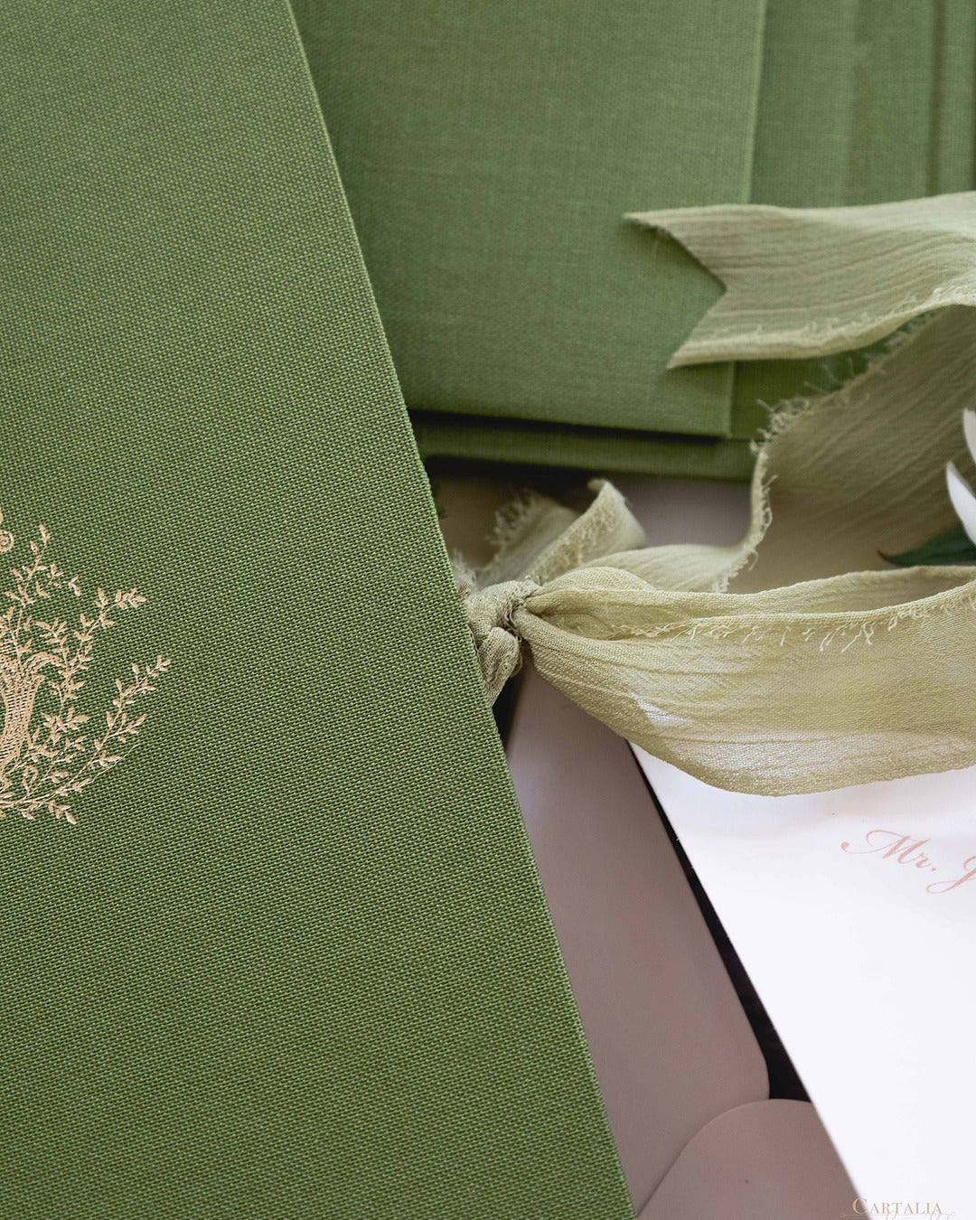Green Luxury Linen Hard Back Folio Invitation with Gold Foil, Embossing & Letterpress Finishes |  Watercolour of Villa Pizzo, Lake Como, Italy