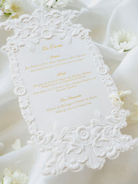 Sculpted Elegance | A Menu with 3D Sculpted Embossing on Cotton Card with Gold Foil