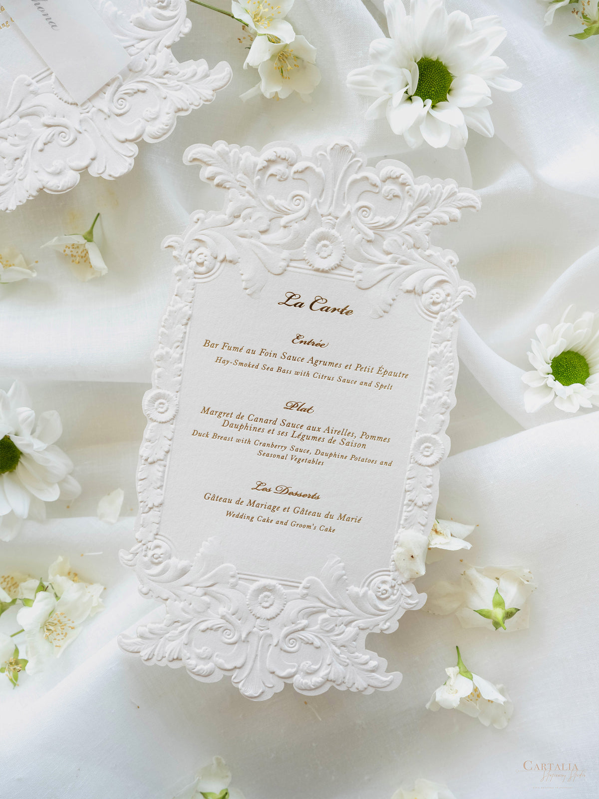 Sculpted Elegance | A Menu with 3D Sculpted Embossing on Cotton Card with Gold Foil