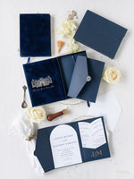 Luxury Velvet Hard Back Book & Box Pocket Invitation with Gold Foil Venue | Bespoke Commission J&M