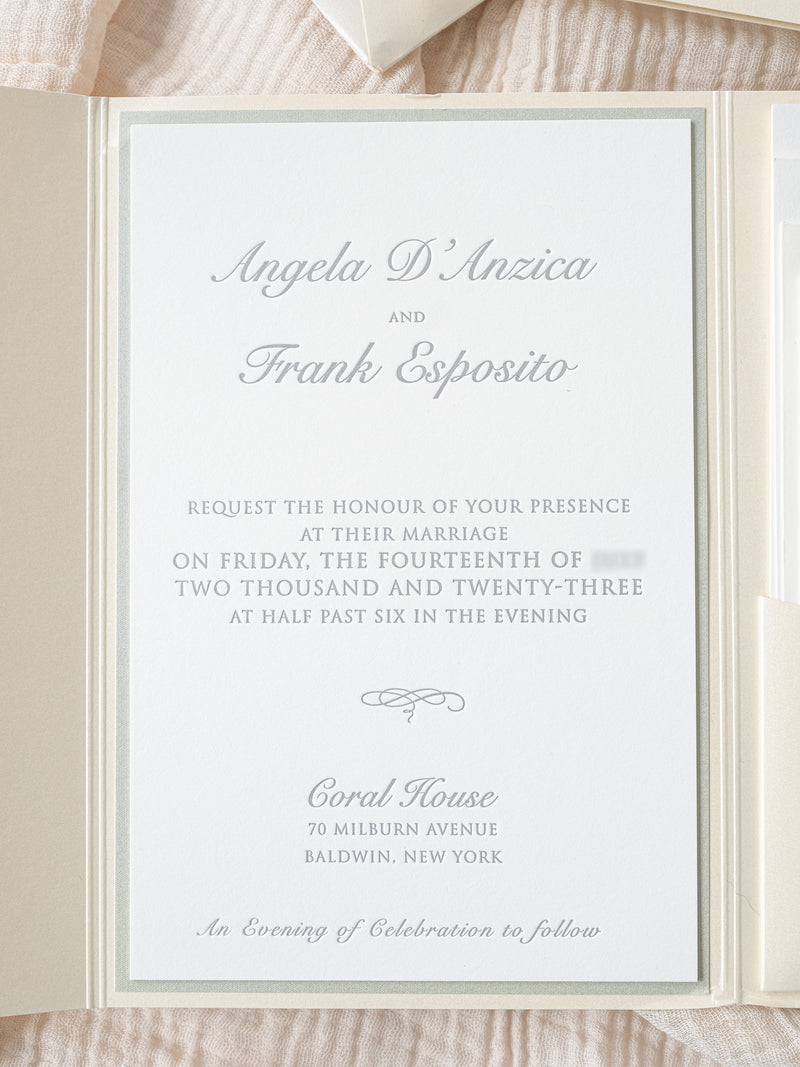 Pocket Letterpress Invitation in Champagne & Sage green | Bespoke Commission A&F