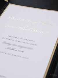 Invitation de poche noir et or avec joint de cire | Commission sur mesure E&J
