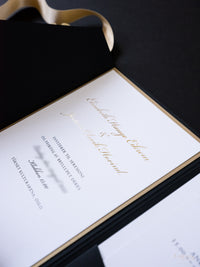 Invitation de poche noir et or avec joint de cire | Commission sur mesure E&J