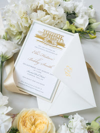 Illustration de lieu de mariage personnalisé | Invitation de lieu enluchée en feuille d'or 800 gsm