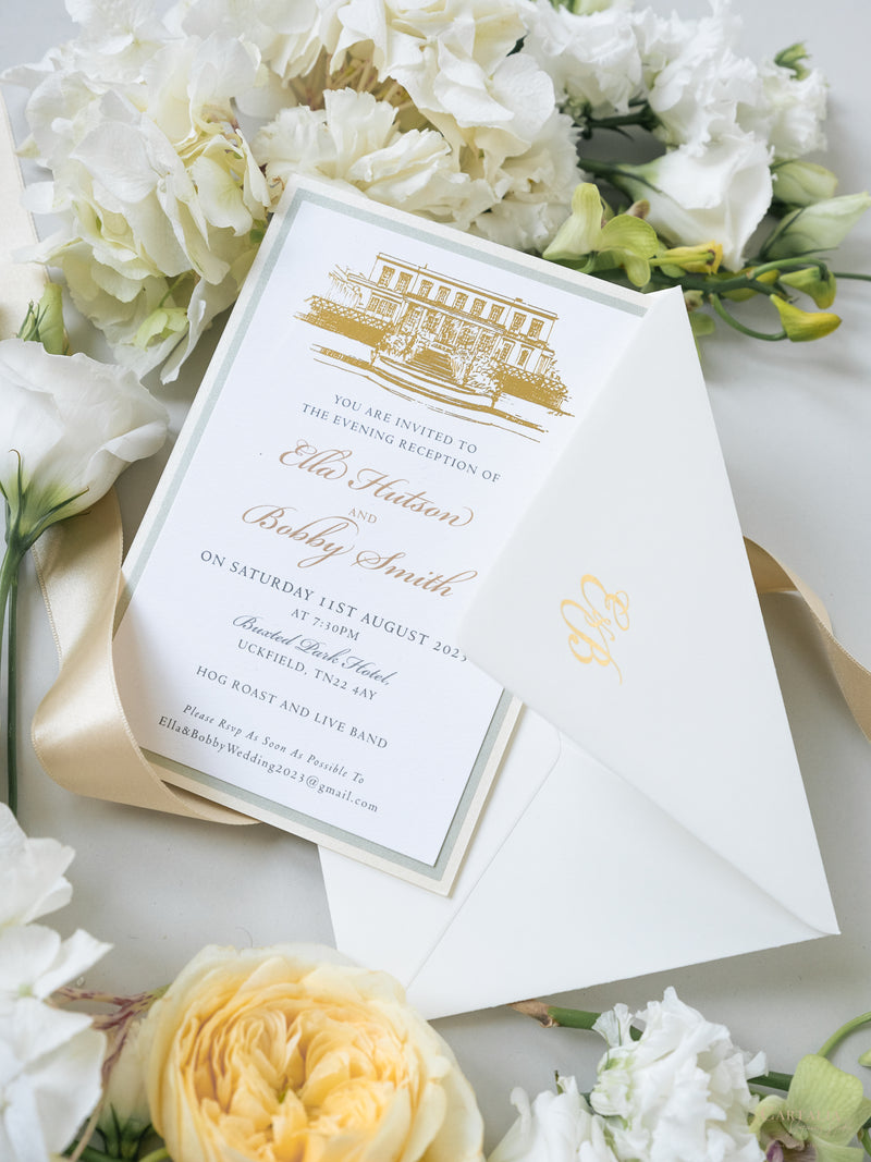 Illustrazione della sede del matrimonio personalizzata | Invito sventato per la sede in lamina d'oro da 800 g/m²