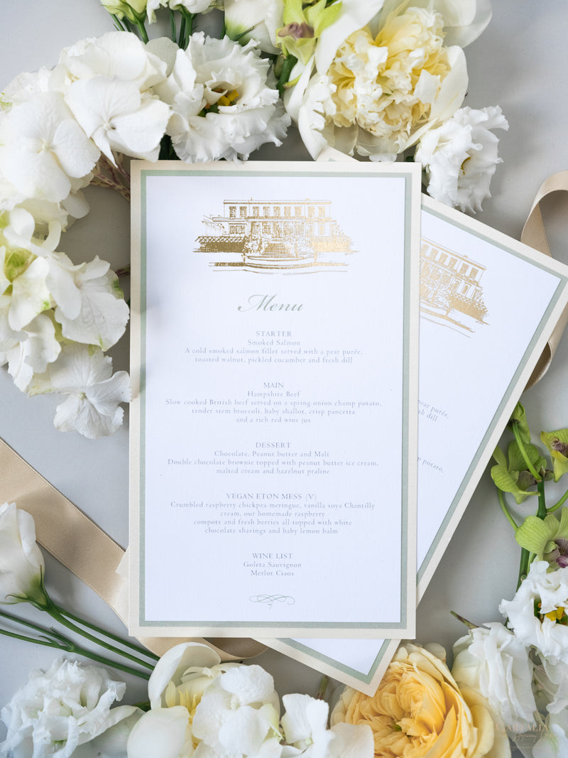 Triple Mounted Sage Green & Champagne Menu with Venue Sketch in Foil