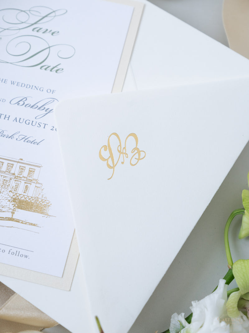 Illustrazione della sede del matrimonio personalizzata | Sede sventata Salva la data in lamina d'oro | CAMPIONE