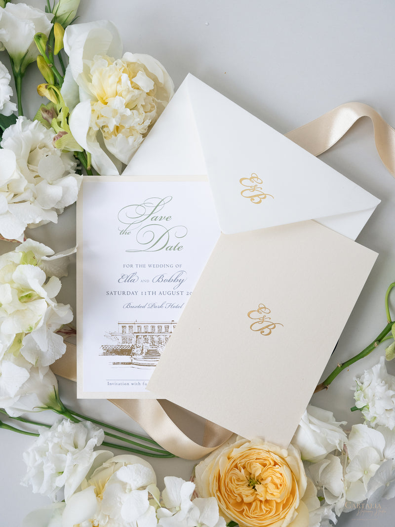 Illustrazione della sede del matrimonio personalizzata | Sede sventata Salva la data in lamina d'oro | CAMPIONE