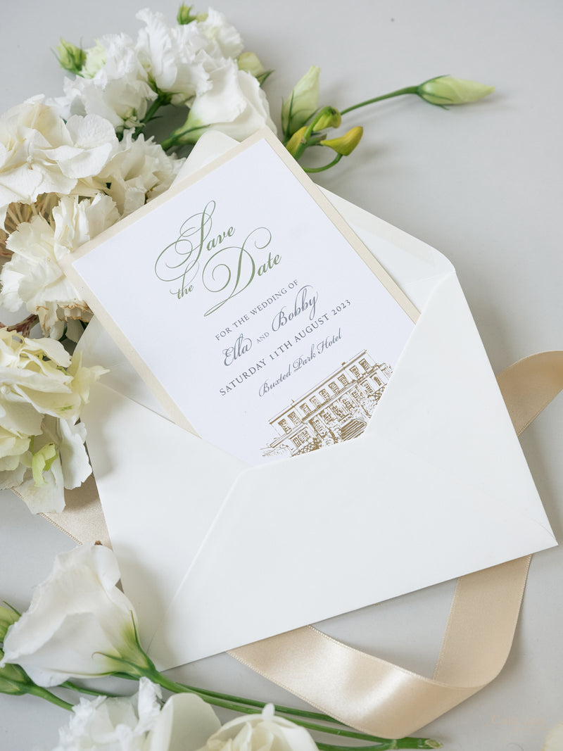 Illustrazione della sede del matrimonio personalizzata | Sede sventata Salva la data in lamina d'oro | CAMPIONE