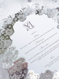 Plate Silver Mirror Menu with Laser-Cut Roses, Florals, and Butterfly | Villa Balbiano, Lake Como Wedding