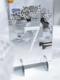 Silver Mirror Table Number with Laser-Cut Roses, Florals, and Butterfly | Villa Balbiano, Lake Como Wedding