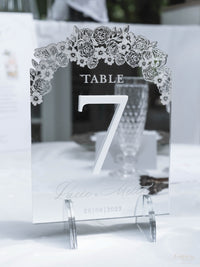 Silver Mirror Table Number with Laser-Cut Roses, Florals, and Butterfly | Villa Balbiano, Lake Como Wedding