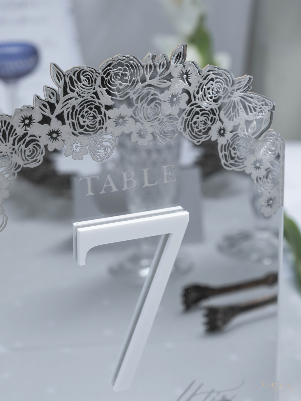 Silver Mirror Table Number with Laser-Cut Roses, Florals, and Butterfly | Villa Balbiano, Lake Como Wedding