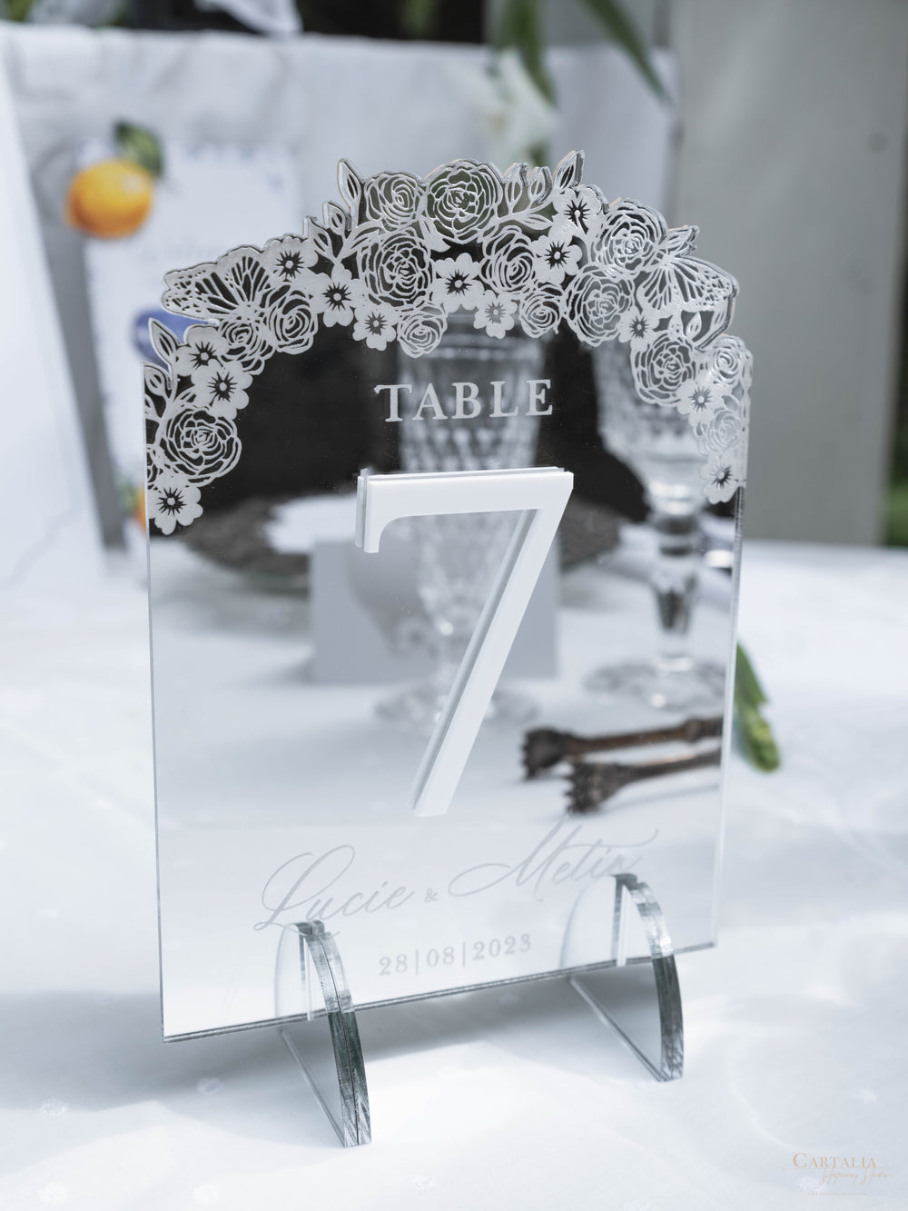 Silver Mirror Table Number with Laser-Cut Roses, Florals, and Butterfl ...