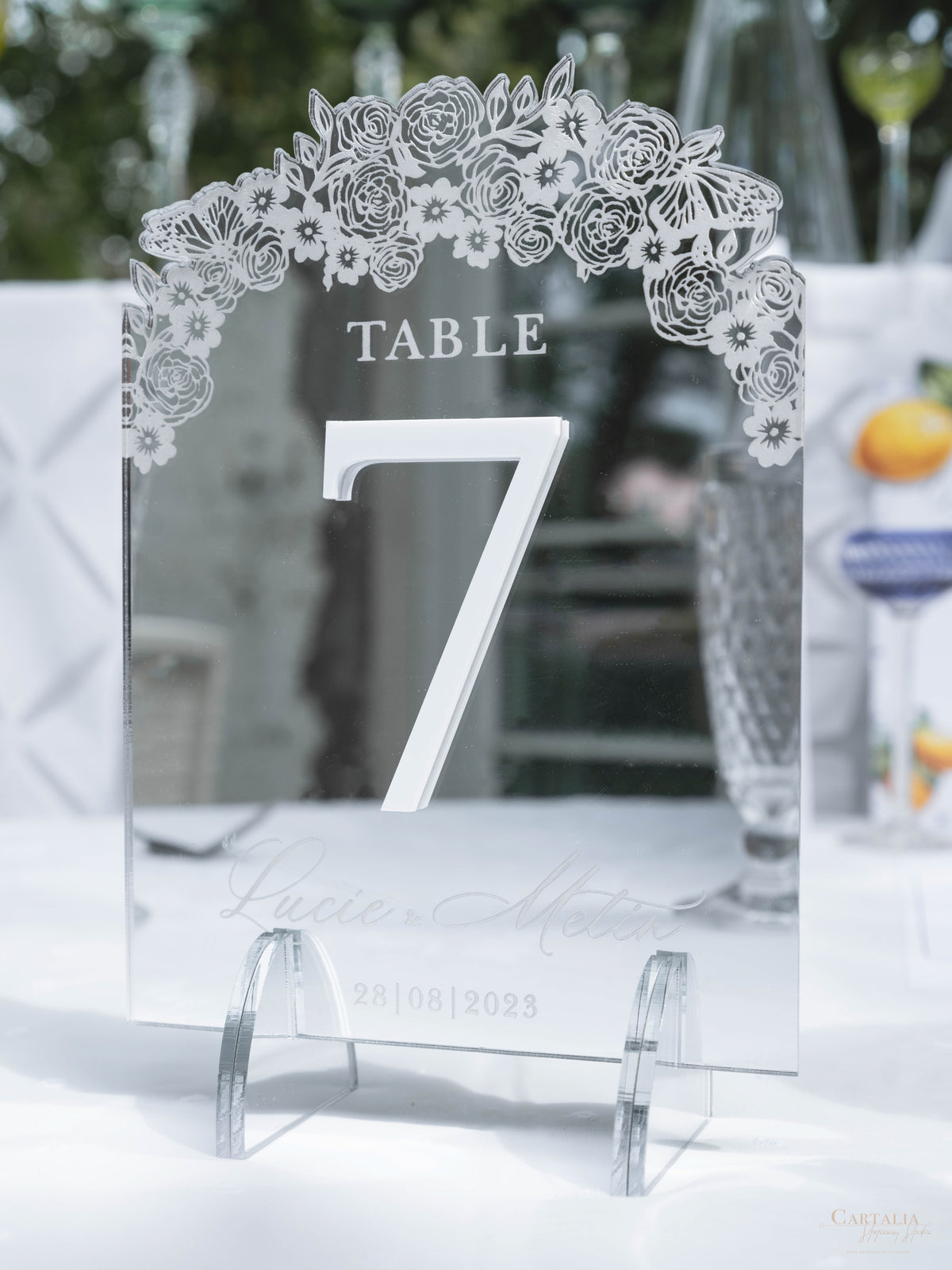 Silver Mirror Table Number with Laser-Cut Roses, Florals, and Butterfly | Villa Balbiano, Lake Como Wedding