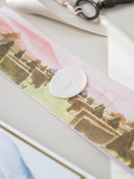 Tri Fold Pocket Wedding Invitation With Venue Watercolour and Oval Wax Seal | Bespoke Commission E&L