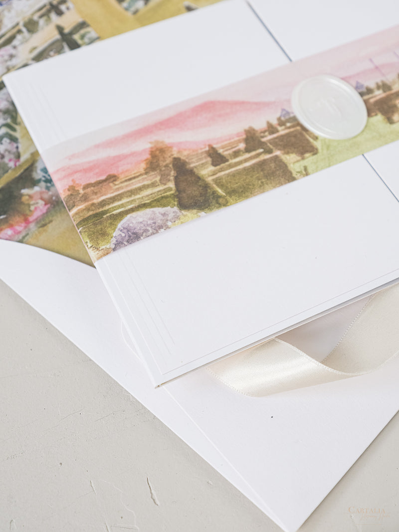 Tri Fold Pocket Wedding Invitation With Venue Watercolour and Oval Wax Seal | Bespoke Commission E&L