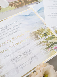 Invitation de mariage de poche Tri Fold avec aquarelle de lieu et sceau de cire ovale | Commission sur mesure E&L