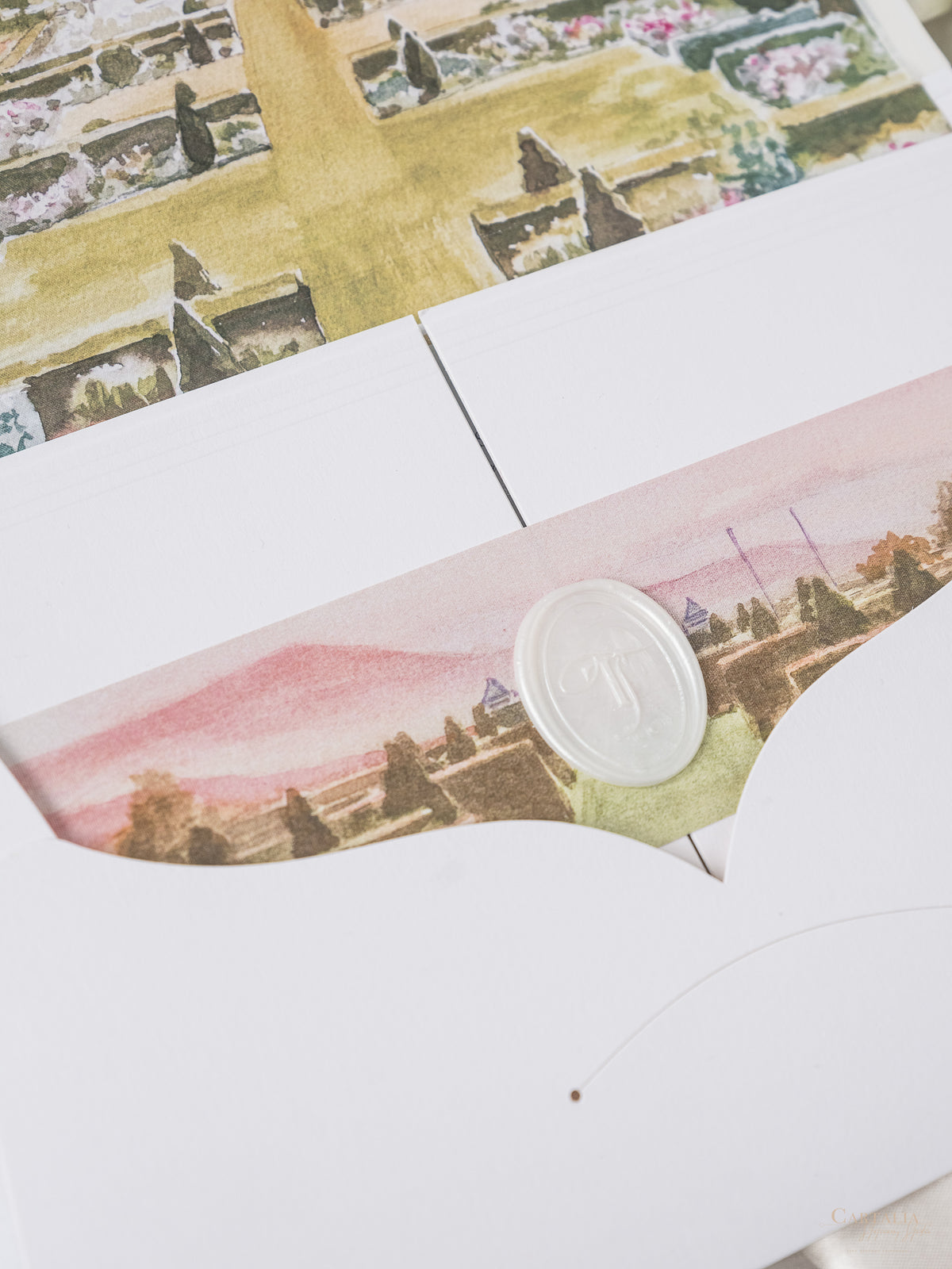 Tri Fold Pocket Wedding Invitation With Venue Watercolour and Oval Wax Seal | Bespoke Commission E&L