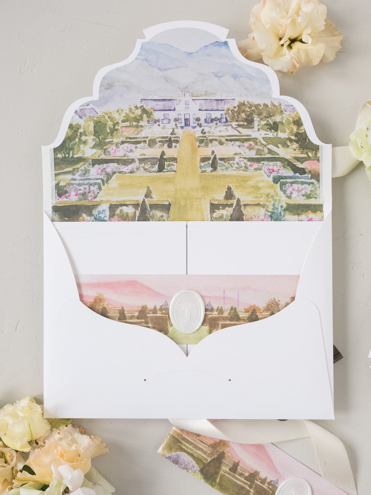 Tri Fold Pocket Wedding Invitation With Venue Watercolour and Oval Wax Seal | Bespoke Commission E&L