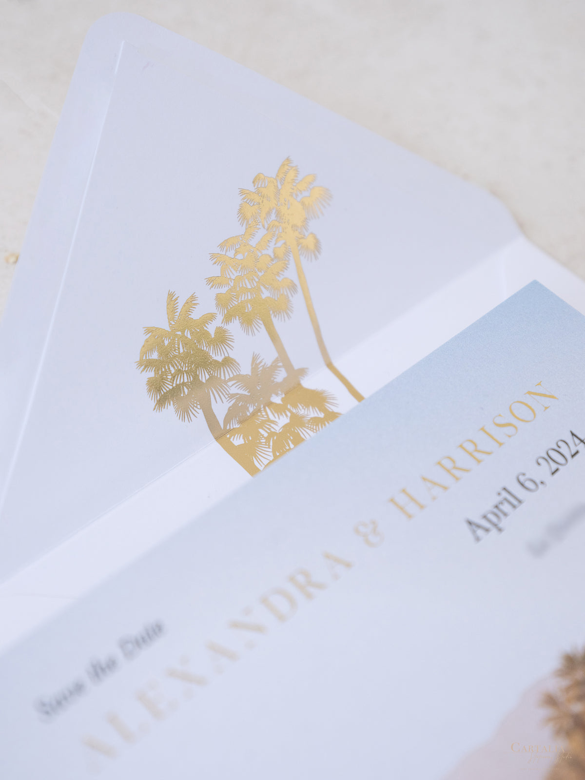 Custom Photo Save The Date with Palm Tree Design & Gold Foil  | Bespoke Commission A&H