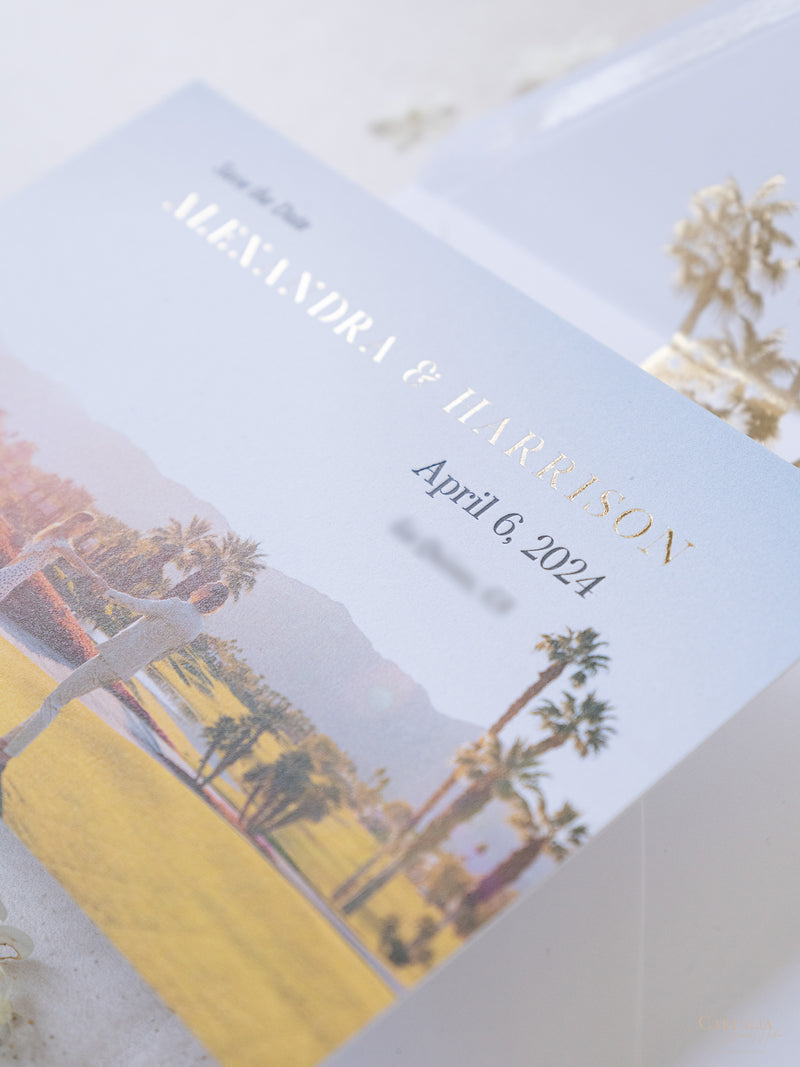 Salva la data con foto personalizzata con design a forma di palma e lamina d'oro | Commissione su misura A&amp;H