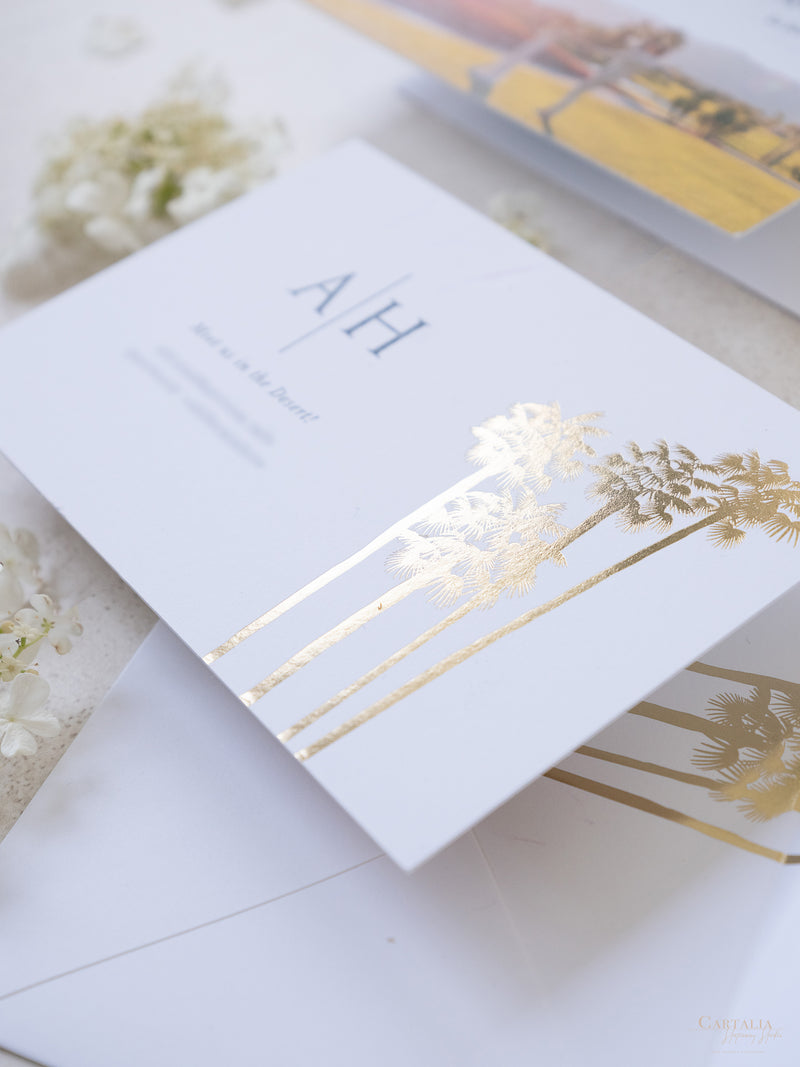 Salva la data con foto personalizzata con design a forma di palma e lamina d'oro | Commissione su misura A&amp;H