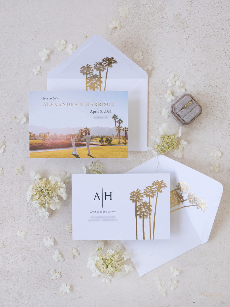 Salva la data con foto personalizzata con design a forma di palma e lamina d'oro | Commissione su misura A&amp;H