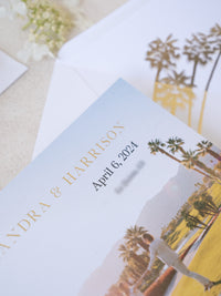 Photo personnalisée Économisez la date avec la conception du palmier et le papier d'or | Commission sur mesure A&H
