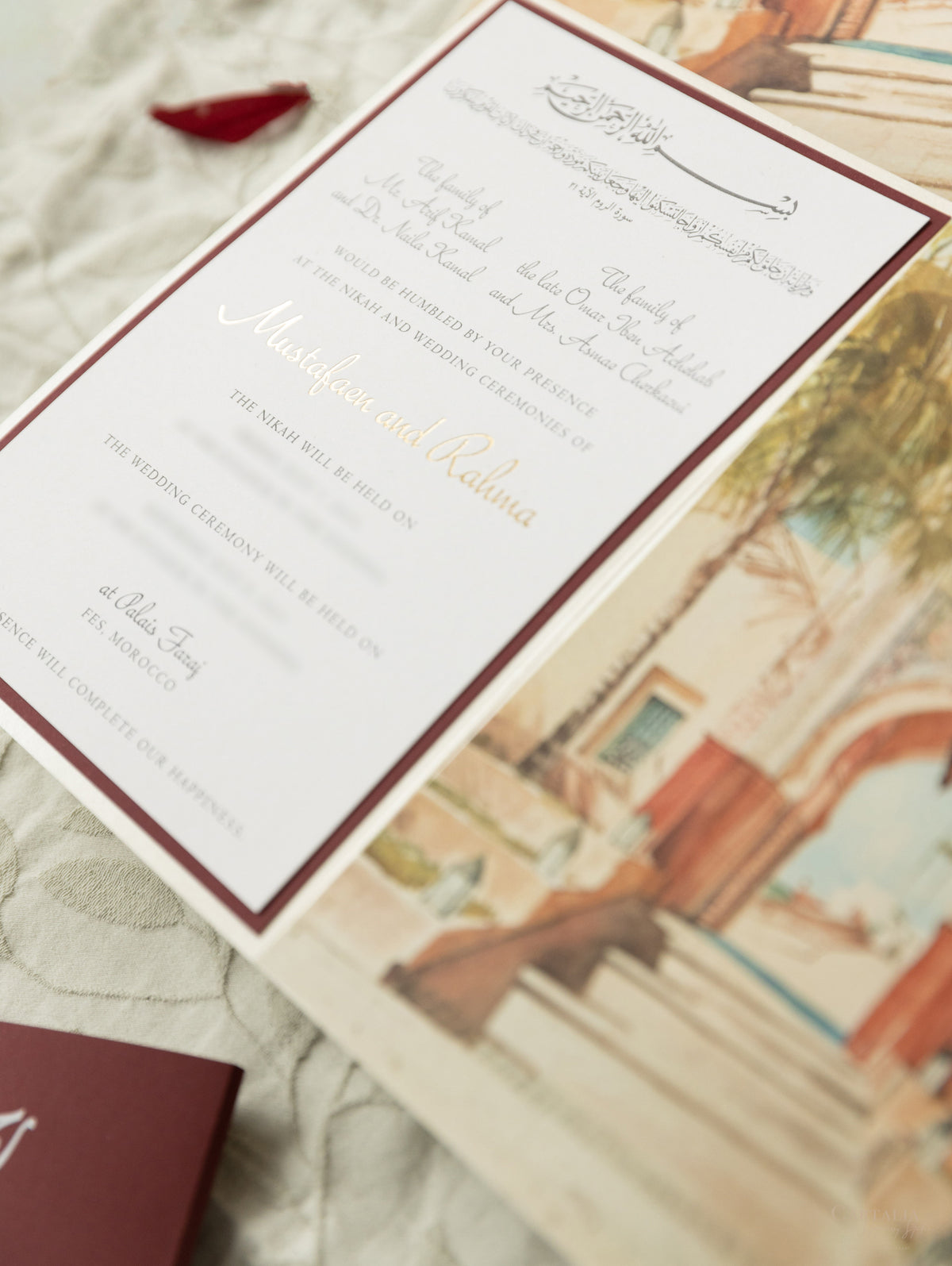 Invitation de mariage marocaine Trifold en Bourgogne et champagne | Palais Faraj | Commission sur mesure M&R