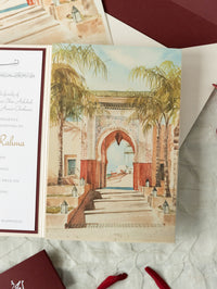 Invitation de mariage marocaine Trifold en Bourgogne et champagne | Palais Faraj | Commission sur mesure M&R