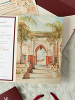Moroccan Trifold Wedding Invitation in Burgundy & Champagne | Palais Faraj | Bespoke Commission M&R