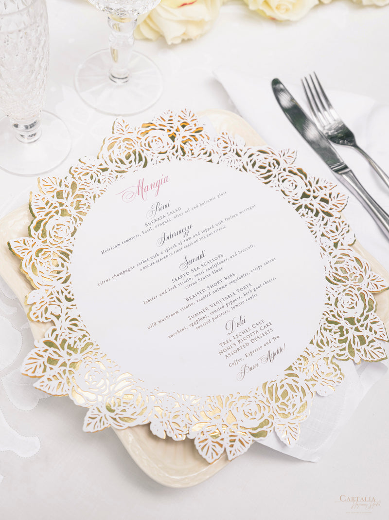 Unique Luxurious Roses Oval Foil Plate Menu | Dinner Menu