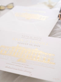 La typographie sauve la date avec le sketch du lieu d'or en feuille d'or | Maison Gloster