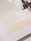 Letterpress Save The Date with Gold Foil Venue Sketch | GLOSTER HOUSE