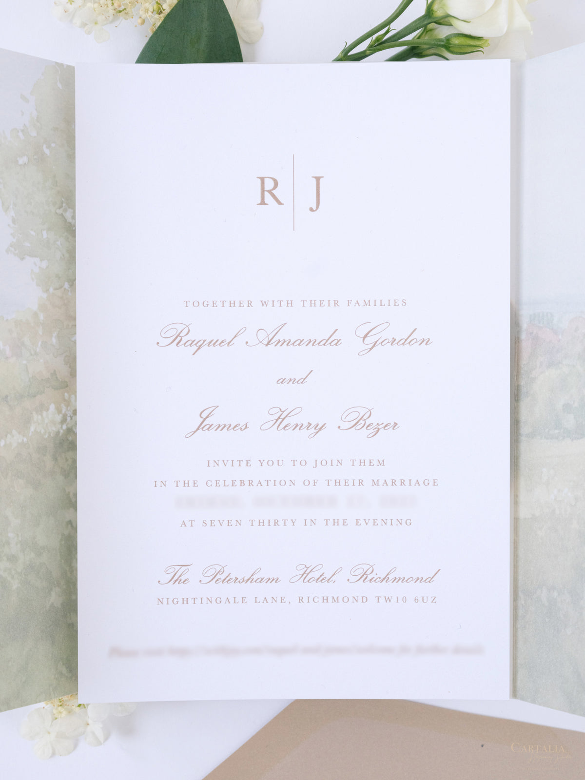 Invitation de mariage aquarelle de vélin | Petersham Hotel | Commission sur mesure R&J