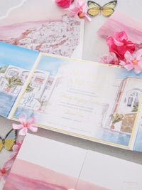 Suite per inviti di nozze ad acquerello Santorini, Grecia | Commissione A&amp;A su misura