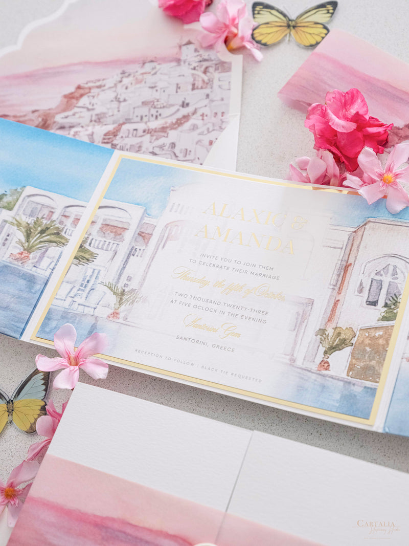Watercolour Santorini, Greece Wedding Invitation Suite | Bespoke Commission A&A