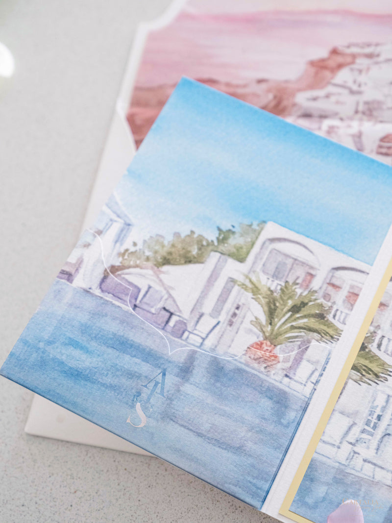 Watercolour Santorini, Greece Wedding Invitation Suite | Bespoke Commission A&A