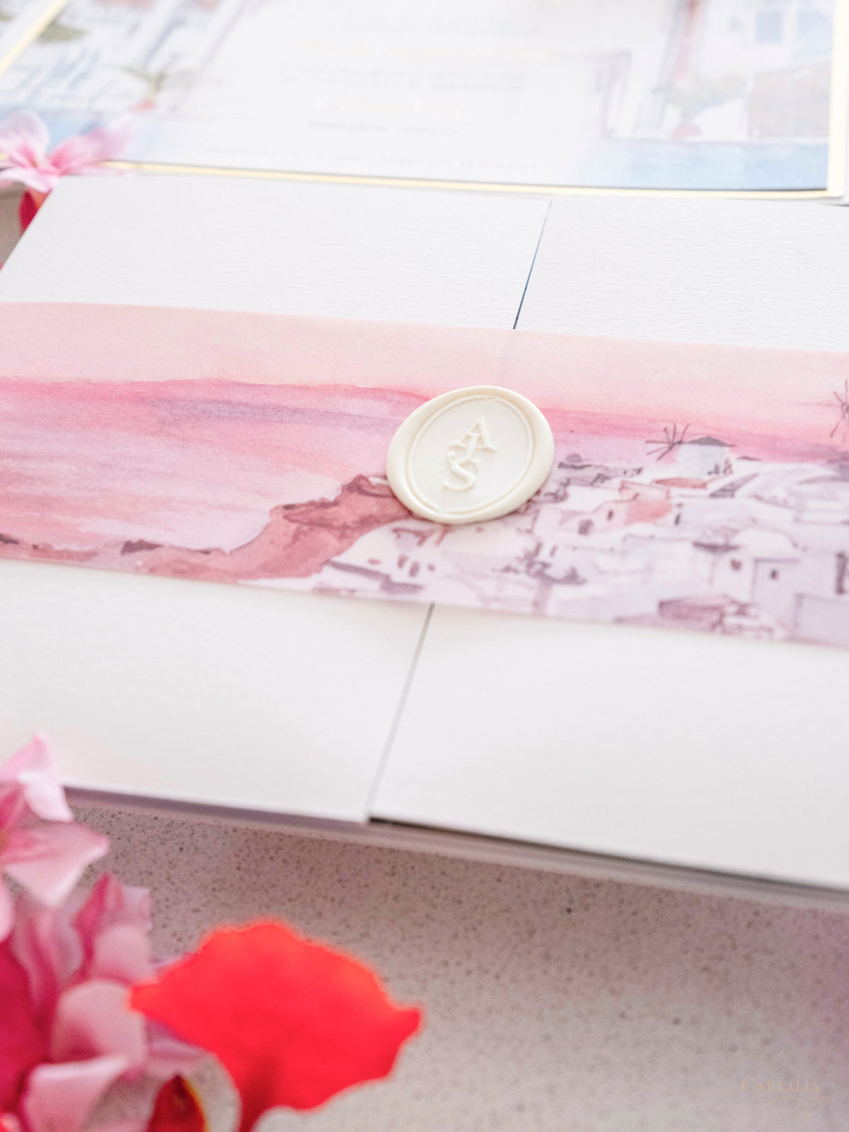 Watercolour Santorini, Greece Wedding Invitation Suite | Bespoke Commission A&A