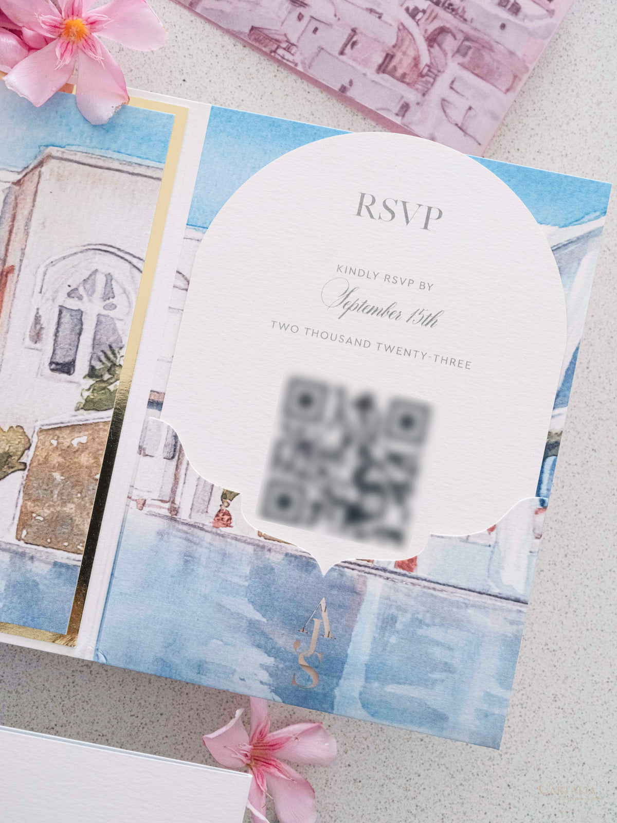 Watercolour Santorini, Greece Wedding Invitation Suite | Bespoke Commission A&A