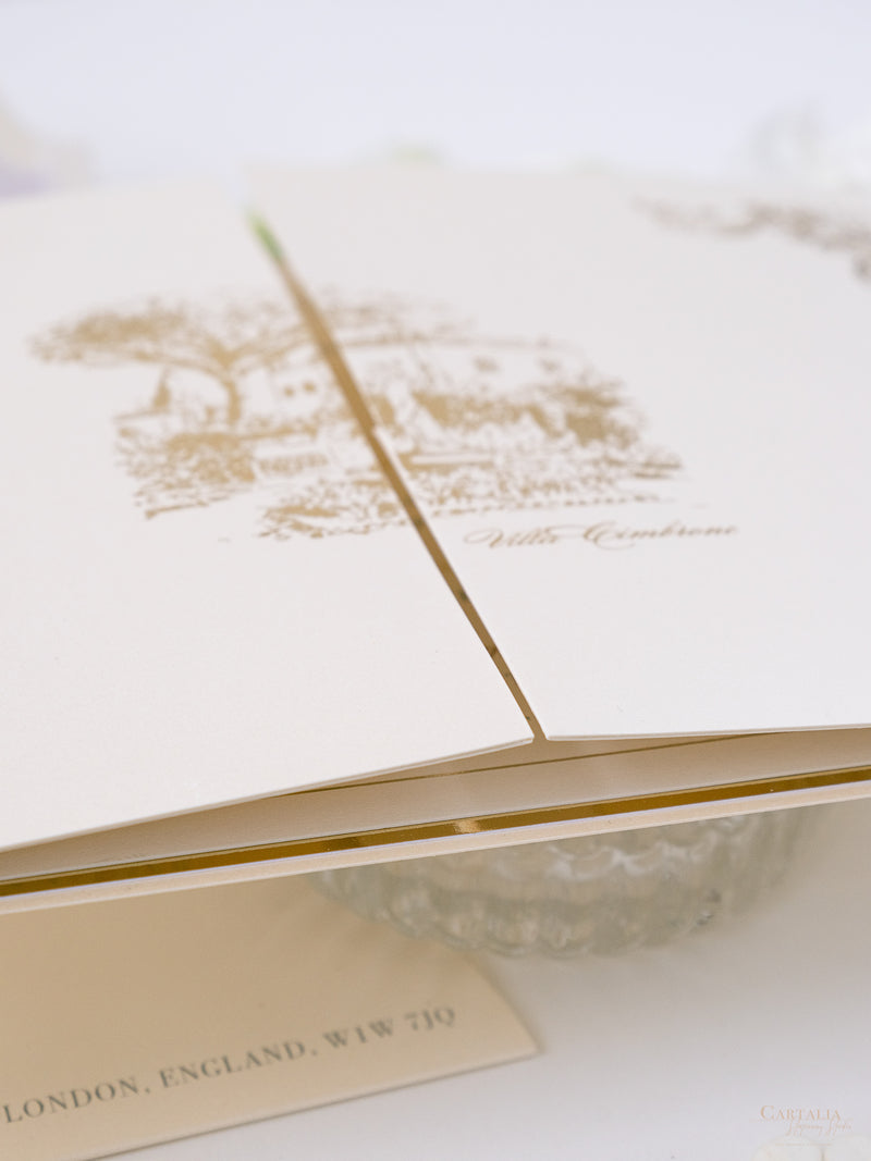 Invito tascabile di lusso con lamina d'oro | Villa Cimbrone | Commissione su misura R&amp;J