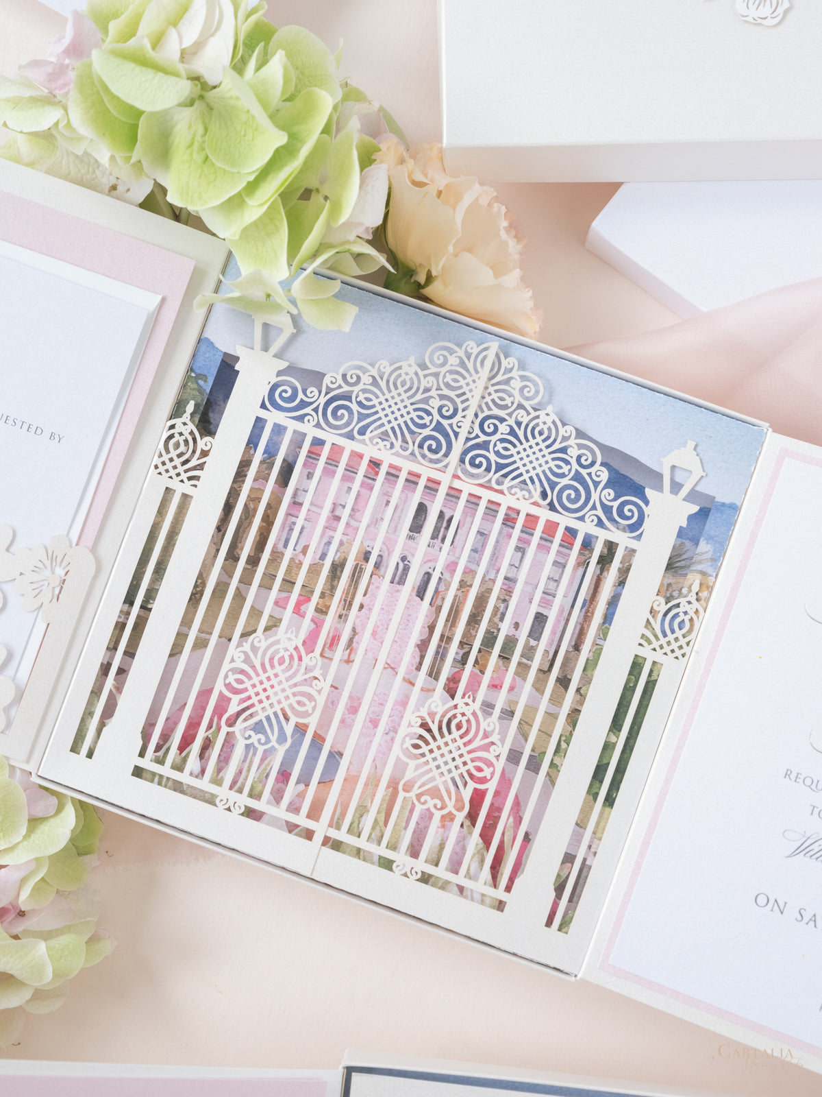 Bespoke Couture 3D Box Invitation With Laser Cut Gate | Venue of Villa Ephrussi | Bespoke Commission M&J