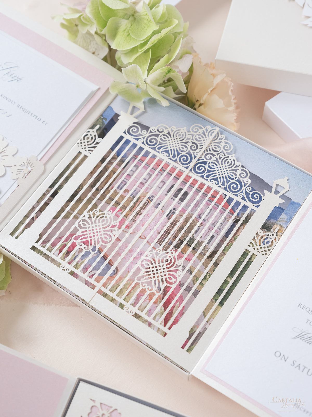 Bespoke Couture 3D Box Invitation With Laser Cut Gate | Venue of Villa Ephrussi | Bespoke Commission M&J