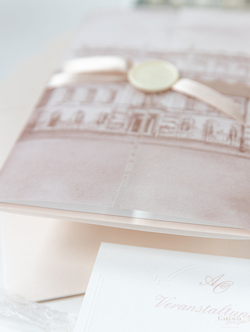 Vellum Wrap Pocket Invitation Suite with Embossing & Custom Wax Seal | Venue Dartmouth House | Bespoke Commission A&O