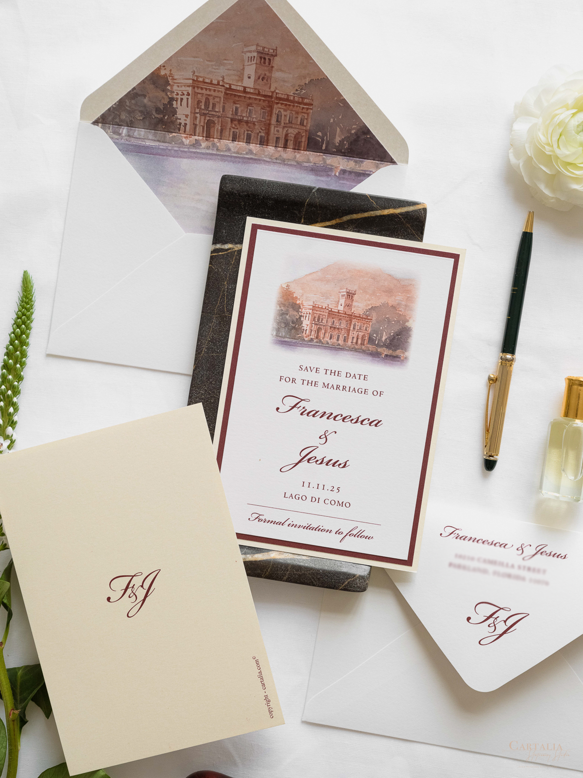 Faire-part de mariage personnalisé à l'aquarelle avec feuille d'or | Taormina, Sicile, Italie