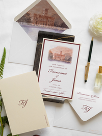 Faire-part de mariage personnalisé à l'aquarelle avec feuille d'or | Taormina, Sicile, Italie
