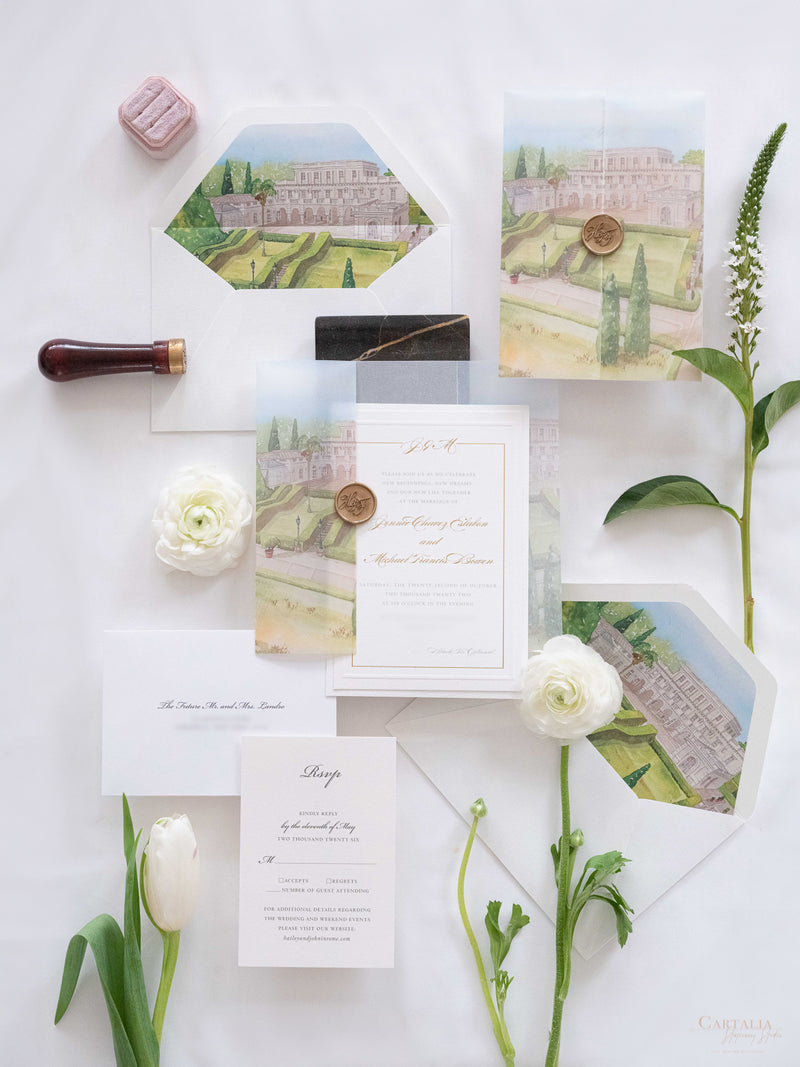 Watercolour Vellum Wrap Villa Miani Invitation with Gold Foil and Wax ...