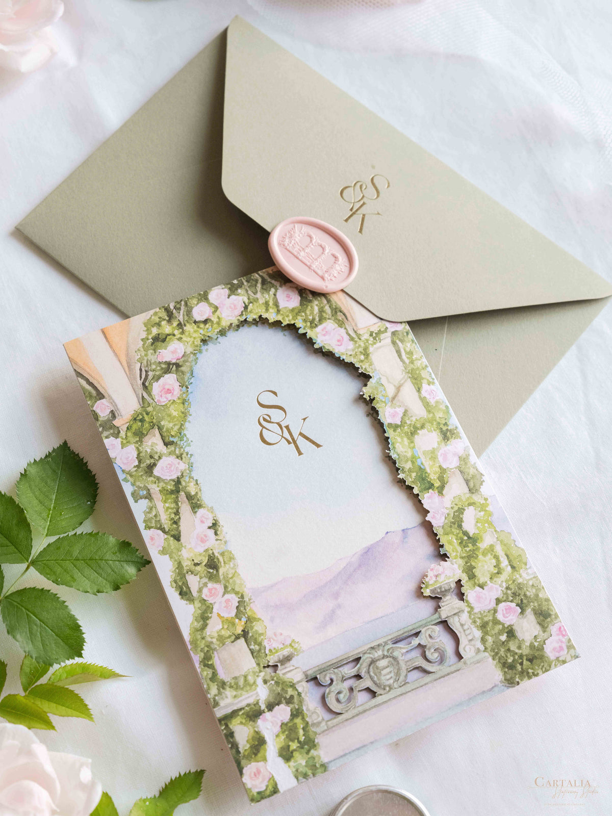 VILLA DEL BALBIANELLO | Bespoke Luxury Watercolour Sleeve Invitation Lake Como, Italy Wedding