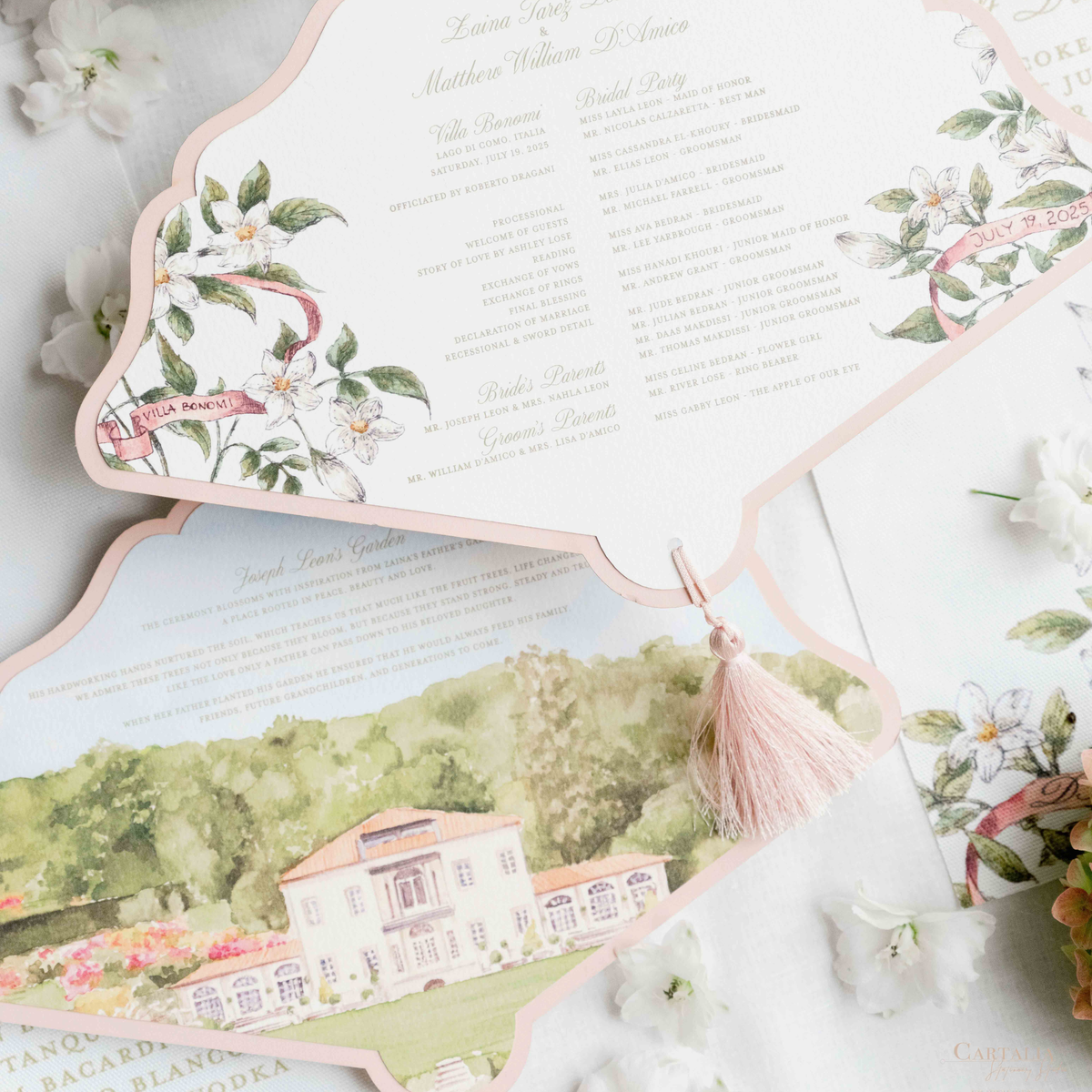 Scalloped Edge Laser-Cut Wedding Petal Fan with Venue Watercolour | Villa Bonomi, Lake Como, Italy